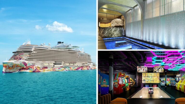 A collage of three images: a colorful Norwegian cruise ship on the ocean under a blue sky; an upgraded spa with a waterfall feature; and a bowling alley with neon lights and a vibrant gaming area.