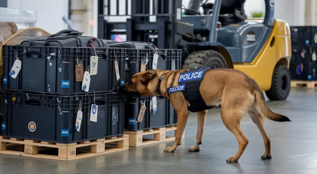 A police dog wearing a vest labeled "POLICE" sniffs at a stack of black containers with tags attached, as if seeking hidden confessions, all placed on wooden pallets in a warehouse. A forklift and baggage handler can be seen in the background.
