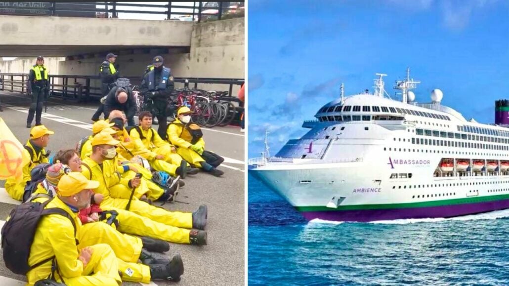 On the left, Extinction Rebellion activists in yellow raincoats sit on a road, encircled by police and bicycles. To the right, a cruise line ship named "Ambassador Ambience" gracefully sails through the ocean.