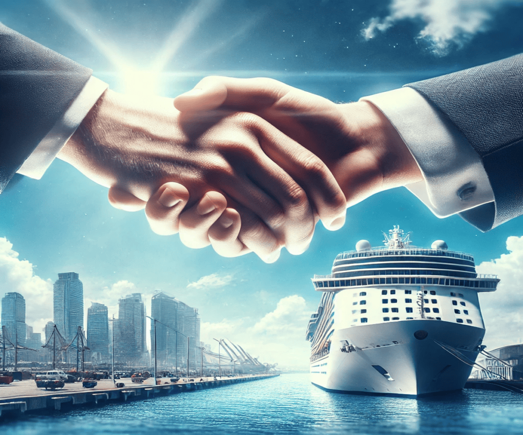 Two individuals in business attire are shaking hands in the foreground, symbolizing a new partnership. In the background, a large Norwegian Cruise Line ship is docked at the Galveston port, set against a vibrant city skyline under a bright, sunny sky.