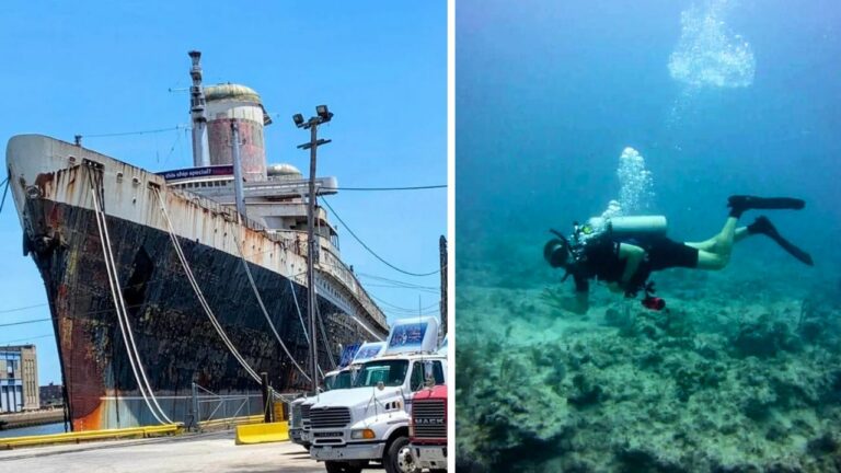 The image is divided into two sections. On the left, the SS United States sits docked next to trucks in Philly, showing its weathered charm. On the right, a scuba diver explores vibrant coral, releasing bubbles as part of an underwater expedition akin to a Florida Reefing Project dreamscape.
