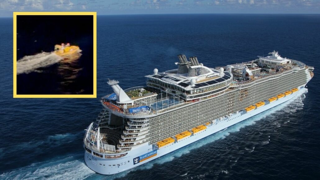 A large cruise ship glides through the ocean under a clear sky, reminiscent of a Taylor Swift song. Inset reveals a small lifeboat on the water at night, an eerie reminder of what happens when a passenger goes overboard.