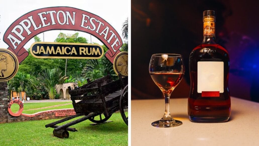 Split image showing two scenes. Left: Entrance to Appleton Estate, near Montego Bay, with a sign reading "Appleton Estate Jamaica Rum" over a lush green background and an old cart. Right: A bottle of rum sits next to a glass filled with rum, set against a dark background.