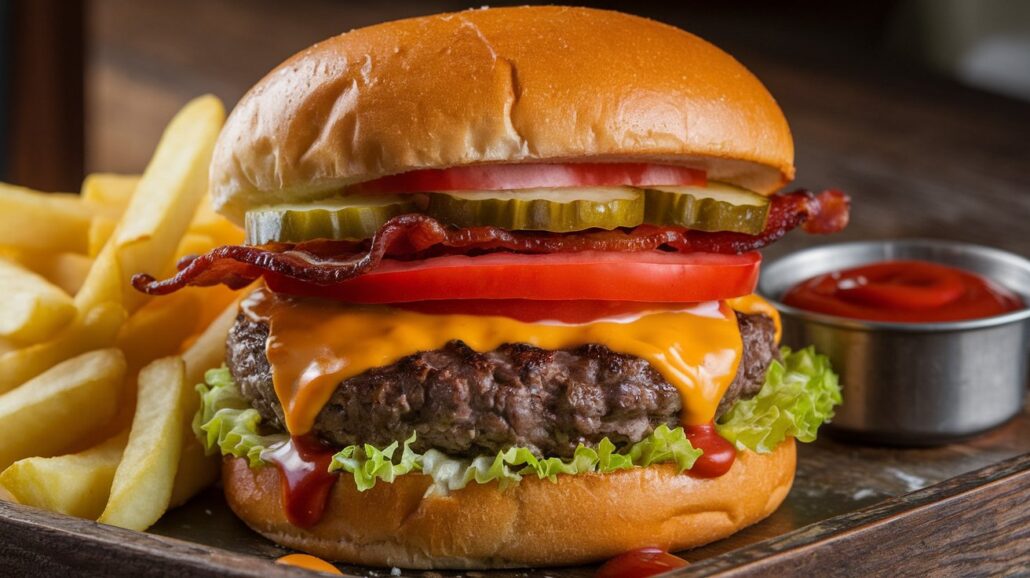 Enjoy a mouthwatering cheeseburger inspired by Guy’s Burger Joint on Carnival Cruise Line. Loaded with lettuce, tomato, pickles, and bacon, it's topped with melted cheese and served alongside crispy french fries and a small dish of ketchup on a wooden surface—a true copycat recipe delight!