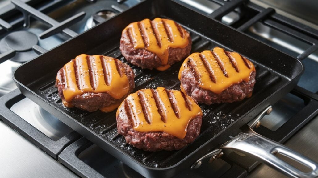 Four beef patties with melted cheese sizzle on a grill pan, reminiscent of a Guy's Burger Joint experience. The patties boast visible grill marks, and the cheese is just beginning to melt. The setup is an enticing stovetop scene with stainless steel burners, straight out of a Carnival Cruise Line kitchen.