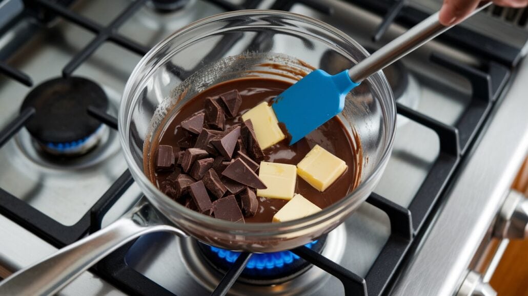 A glass bowl containing dark chocolate chunks and butter cubes rests over a pot on a stove burner. The ingredients are melting together over a blue flame, like the start of Carnival Chocolate Melting Cake. A blue spatula stirs the decadent mixture, setting the stage for this warm chocolate delight.