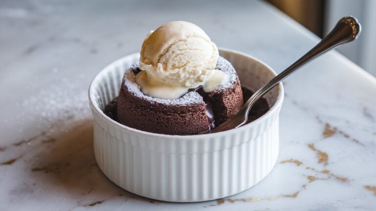 A delightful Chocolate Melting Cake sits in a white ramekin on a marble surface, crowned with a scoop of vanilla ice cream. Resembling a carnival treat, the spoon nestled inside promises an indulgent experience.