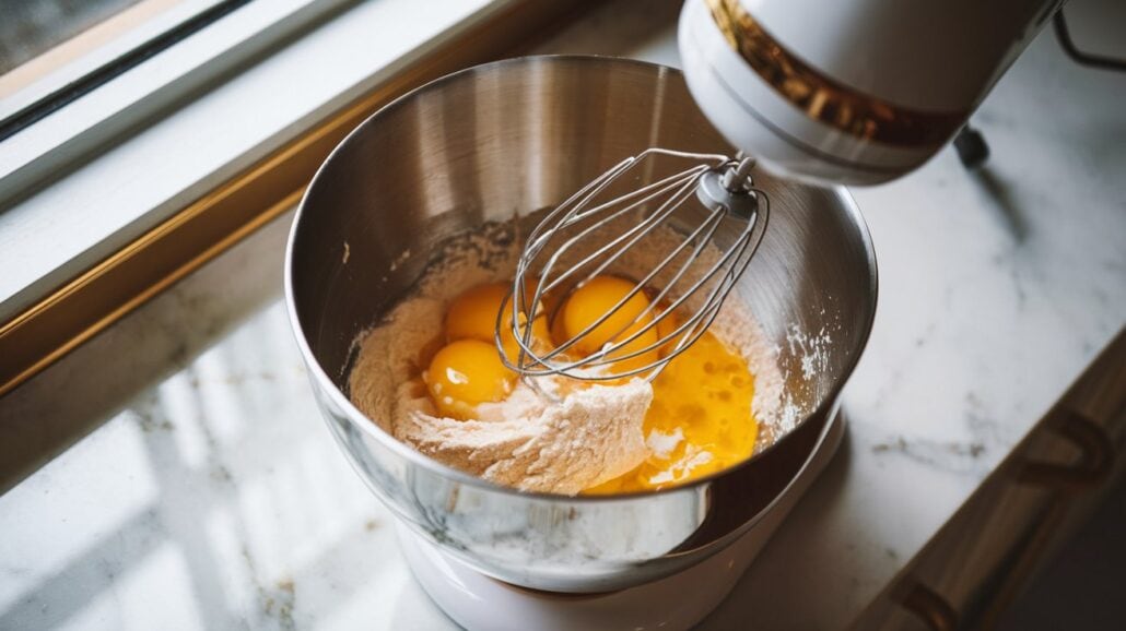 A stand mixer with a whisk attachment is blending ingredients for a warm chocolate melting cake in a metal bowl. The bowl holds flour and several egg yolks, crafting this indulgent recipe. The mixer rests on a marble countertop, basking in the sunlight streaming through the nearby window.
