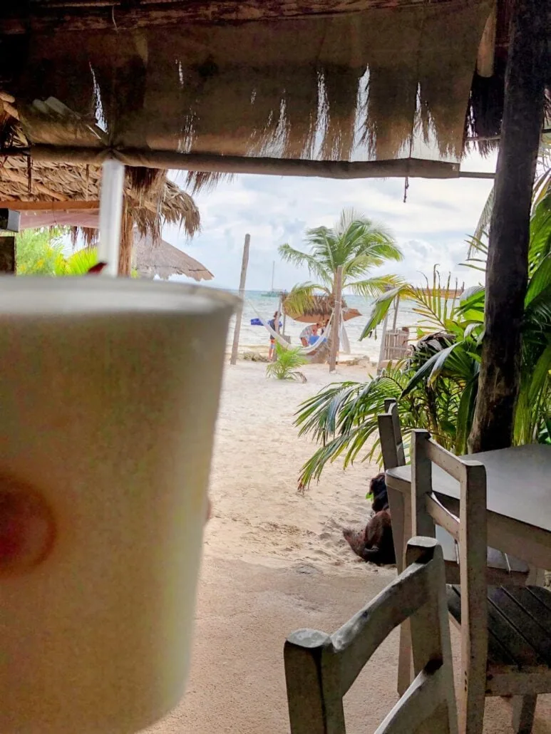 A person casually holds a beverage in a white cup, partially visible inside a beachside hut, reminiscent of Costa Maya. The view unfolds with a sandy path leading to palm trees, hammocks, and the ocean. Wooden chairs and tables add to the rustic cruiser vibe in the foreground.