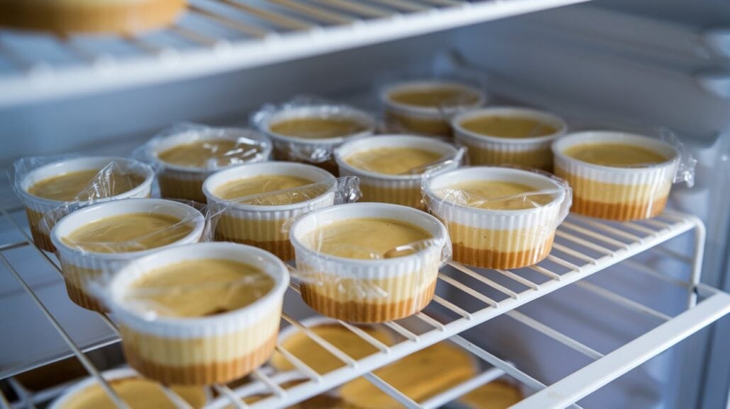 Small containers of dessert, resembling delightful cheesecakes, are lined up on refrigerator shelves alongside a Carnival Cruise Line-inspired creme brulee. Each ramekin is covered with plastic wrap and arranged in neat rows, showcasing the refrigerator's tempting interior.