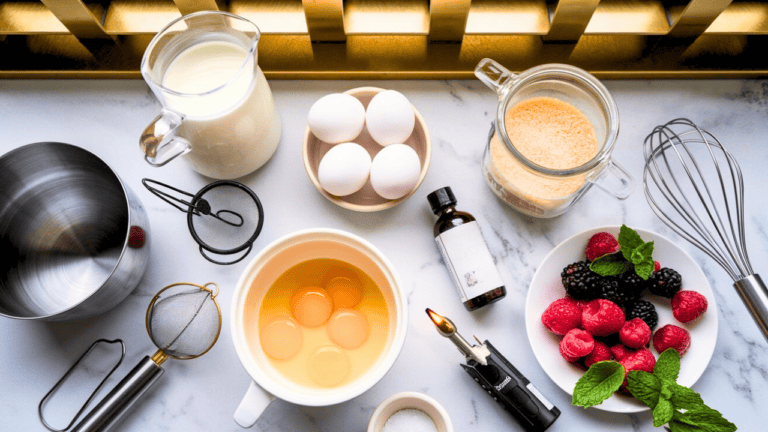 A kitchen countertop displays a variety of baking ingredients and tools, perfect for crafting a delicious recipe. You'll find eggs in a bowl, a pitcher of milk, sugar, vanilla extract, fresh berries, mint leaves, and utensils like a whisk and sifter—all essentials for creating creme brulee magic.