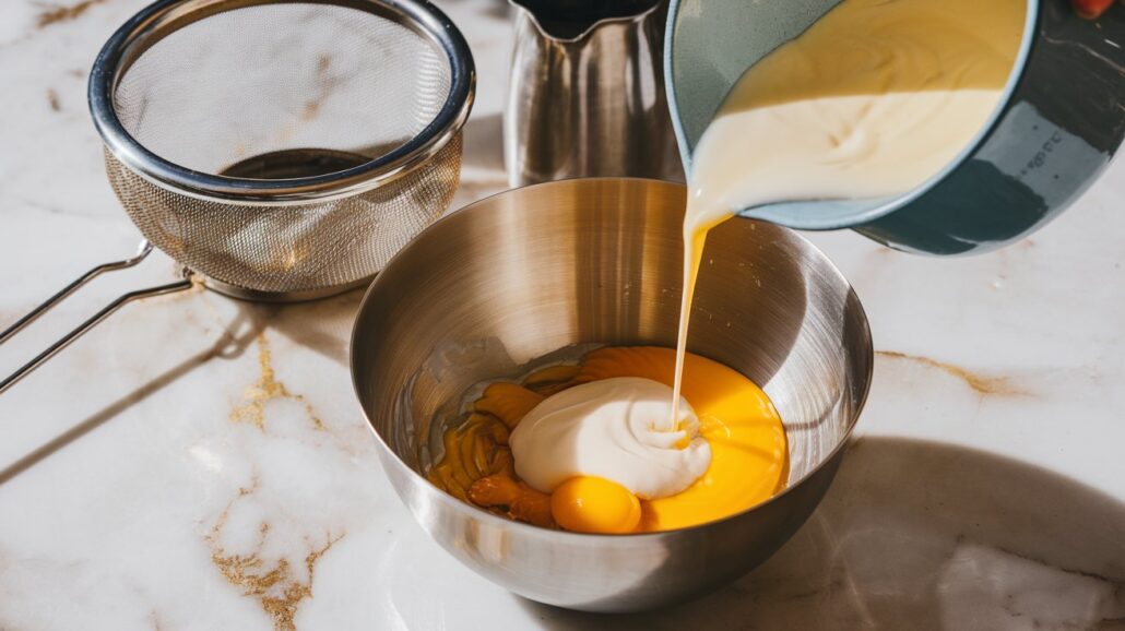 A person is preparing a Creme Brulee recipe by pouring a creamy liquid into a stainless steel bowl filled with egg yolks. Nearby, on the marble countertop, sit a strainer and a pitcher, reminiscent of an elegant dessert preparation you'd experience on a Carnival Cruise Line.