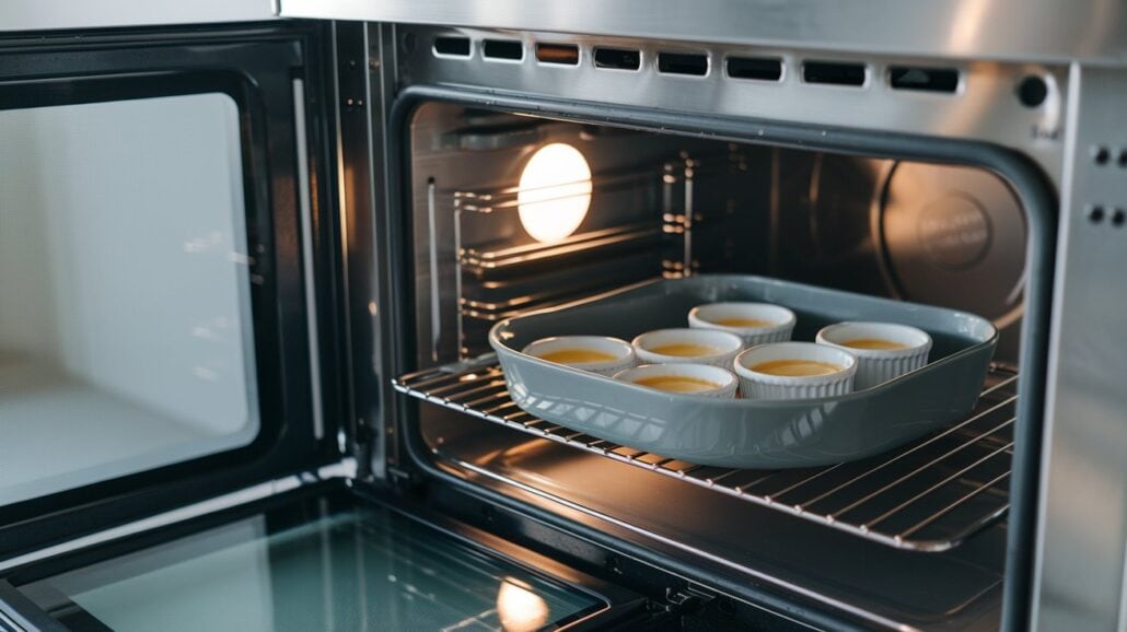 An open oven with a light on reveals a white rectangular baking dish holding six small ramekins filled with what might be a creamy crème brûlée mixture. The stainless steel interior glistens, and the door is slightly ajar, evoking the culinary delights one might find aboard a Carnival Cruise Line journey.