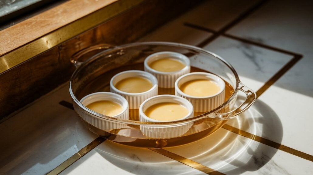 Five white ramekins filled with a creamy, yellow mixture rest in a glass baking dish on a marble countertop. Sunlight streams in, casting playful shadows, reminiscent of the delightful crème brûlée enjoyed aboard Carnival Cruise Line adventures.