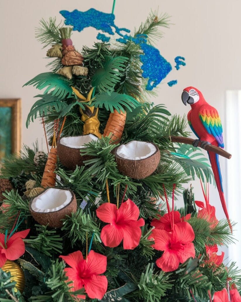 A cruise-themed Christmas tree adorned with tropical elements like vibrant red hibiscus flowers, halved coconuts, and lush palm leaves. A dazzling red and blue parrot perched on a branch steals the show against the blue map outline backdrop, infusing festive joy.