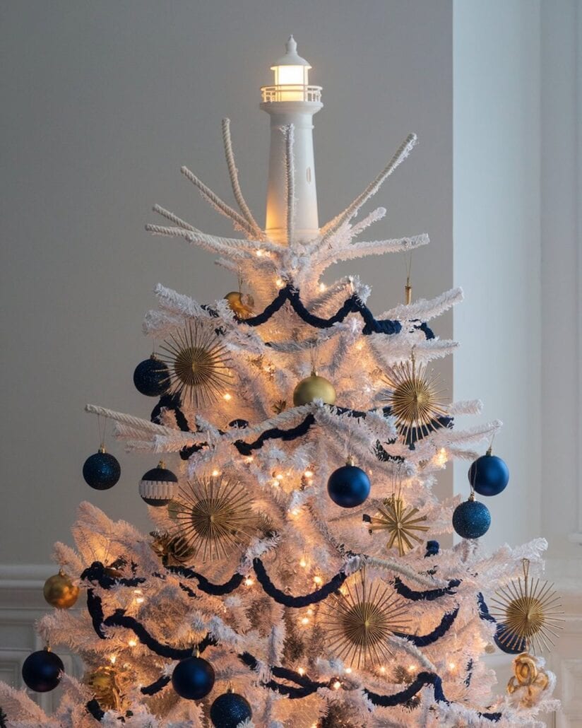 A white artificial Christmas tree, perfectly themed with a lighthouse topper reminiscent of a serene cruise. Adorned with navy blue and gold ornaments, including balls and starburst designs, and woven with warm white lights, it stands against a plain background.