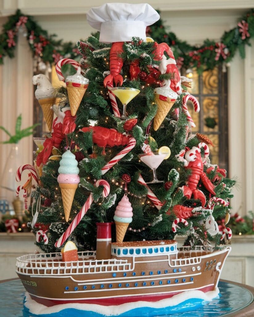 A cruise-themed Christmas tree adorned with ornaments shaped like ice cream cones, lobsters, and candy canes. Topped with a chef's hat, the tree features a gingerbread ship at its base, blue icing waves lapping at its sides, and garland elegantly wrapping the window behind.
