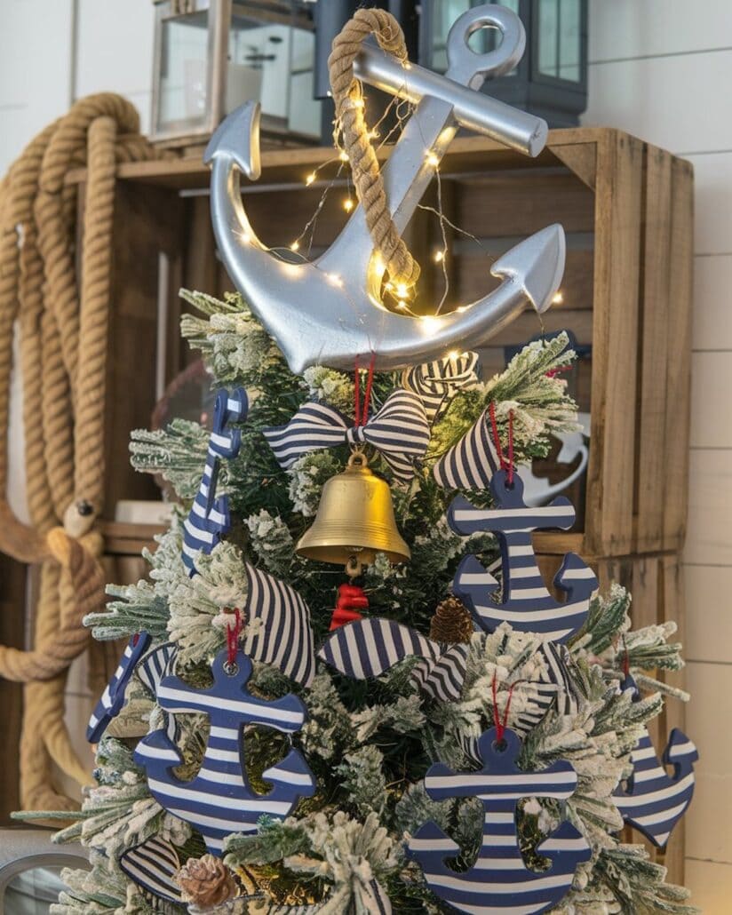A small cruise-themed Christmas tree is decorated with blue and white striped anchor ornaments and a large silver anchor on top. A gold bell hangs in the center. The tree is adorned with string lights, surrounded by nautical decor, including ropes and wooden boxes.