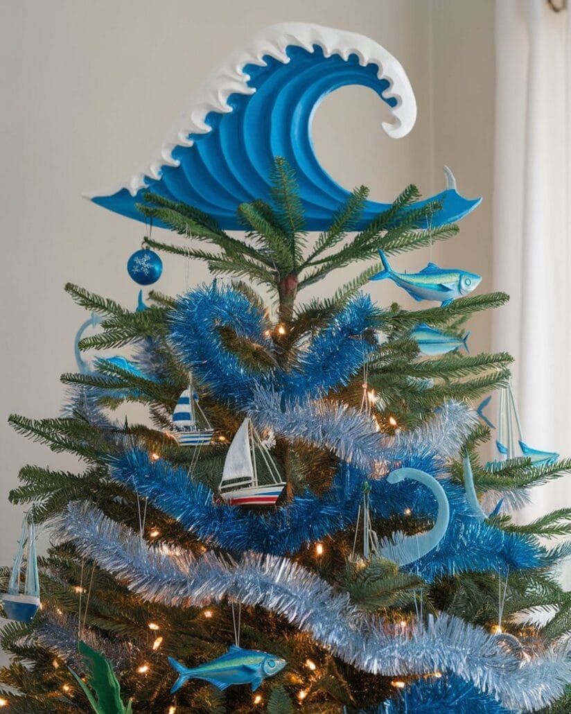 Themed Christmas trees are a delight, and this one embraces a nautical vibe with a large blue wave as its topper. Blue and silver garlands drape elegantly, while sailboat and fish ornaments hang gracefully, all illuminated by small white lights—bringing the serene allure of a cruise to your holiday decor.
