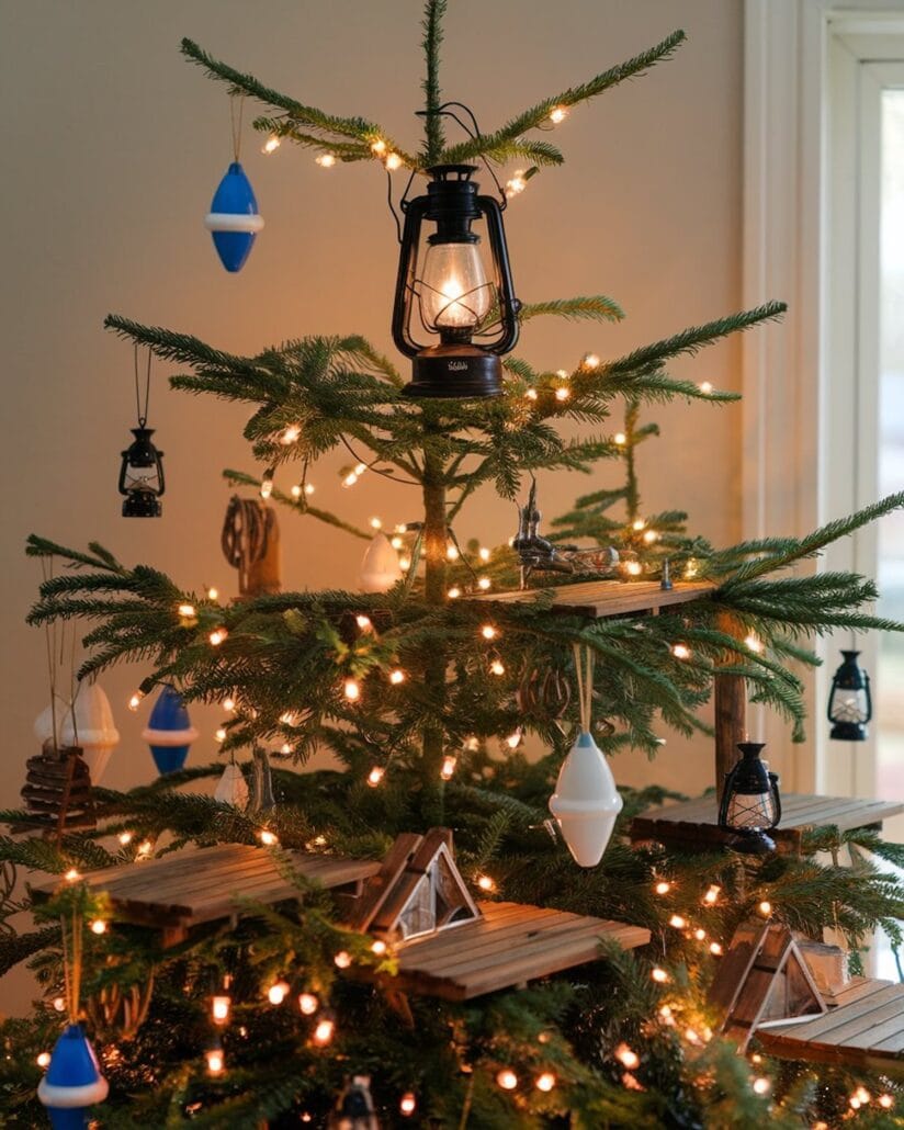 The Christmas tree, adorned with small lanterns and ornaments shaped like buoys and wooden houses, captures a nautical charm reminiscent of a festive cruise. A larger lantern crowns the tree, while natural light filters through the nearby window, enhancing its twinkling glow.
