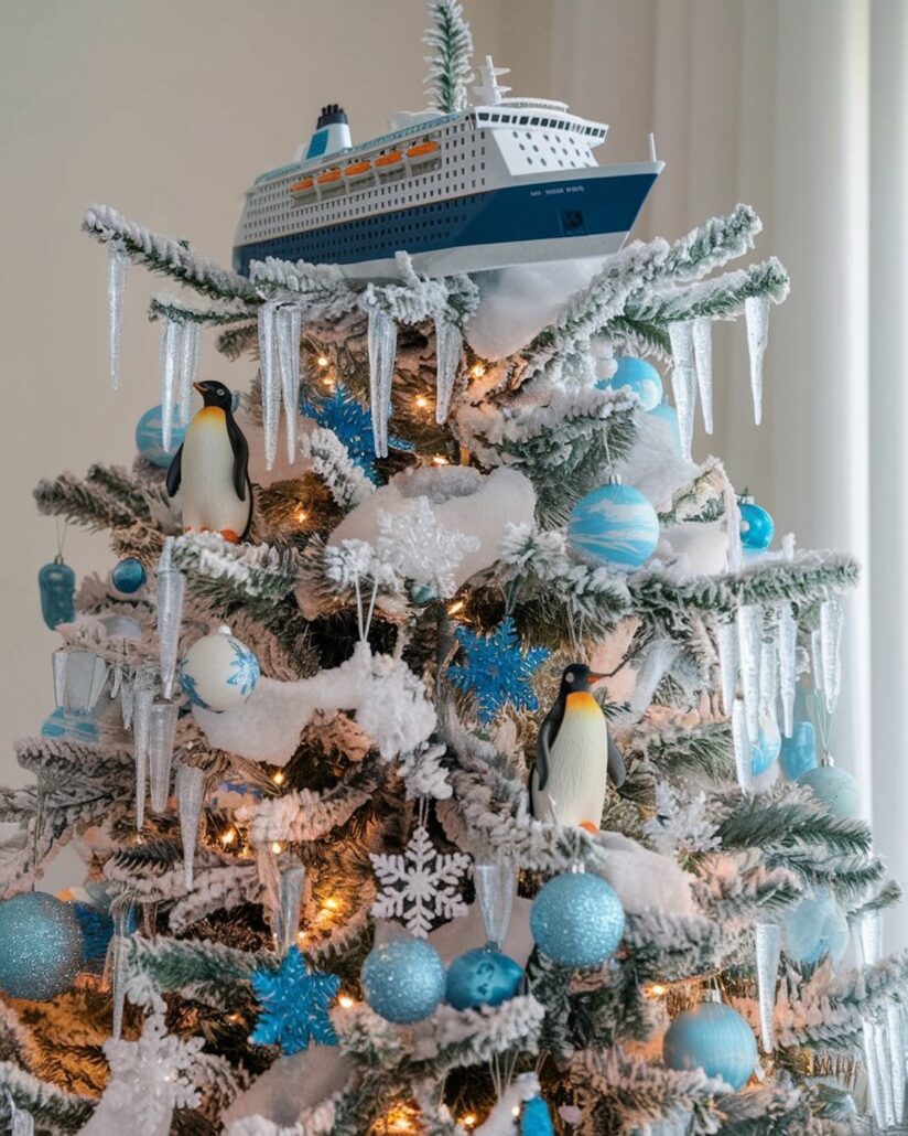 A cruise-themed Christmas tree adorned with blue and white ornaments, snowflakes, icicle decorations, and small penguin figures. Topping it all off is a model cruise ship, setting the scene for a nautical holiday celebration.