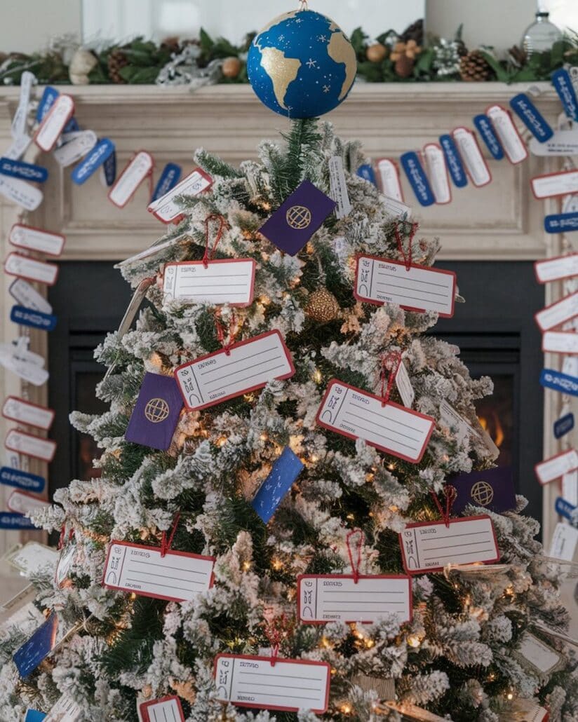 Themed Christmas trees enchant the room with passport-style ornaments and plane ticket tags. A globe ornament crowns the snowy tree, illuminated by white lights. In the background, a fireplace mantel is adorned similarly, setting a whimsical wanderlust scene that feels like setting sail on a cruise.
