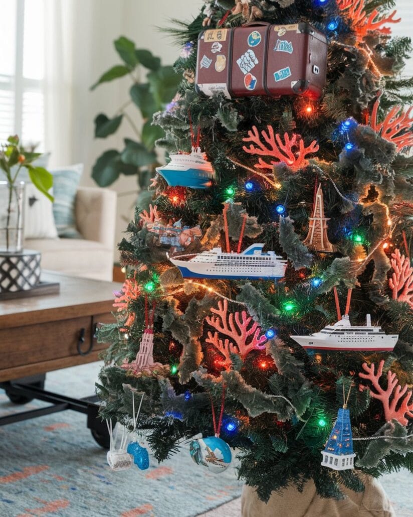 A beautifully adorned Cruise-Themed Christmas tree features nautical ornaments, including cruise ships, coral, and a sticker-covered suitcase. Multicolored lights twinkle throughout. In the background, a coffee table and plants add to the festive ambiance.
