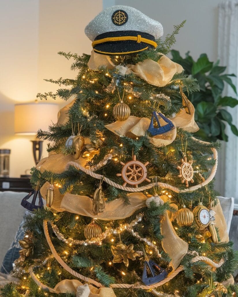 A Christmas tree decorated with a cruise-themed nautical flair, showcasing a captain's hat as the topper, golden ribbons, and ornaments shaped like ship wheels, compasses, and boats. The holiday decoration is beautifully illuminated with warm white lights.