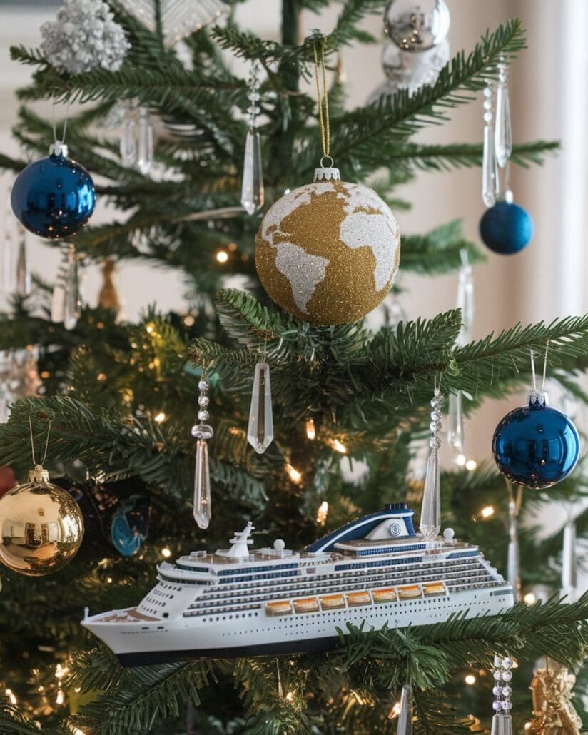 A decorated Christmas tree boasts a cruise-themed touch, featuring a model cruise ship, along with blue and gold baubles, a globe ornament, and crystal-like icicles. The softly blurred background enhances the festive holiday atmosphere.