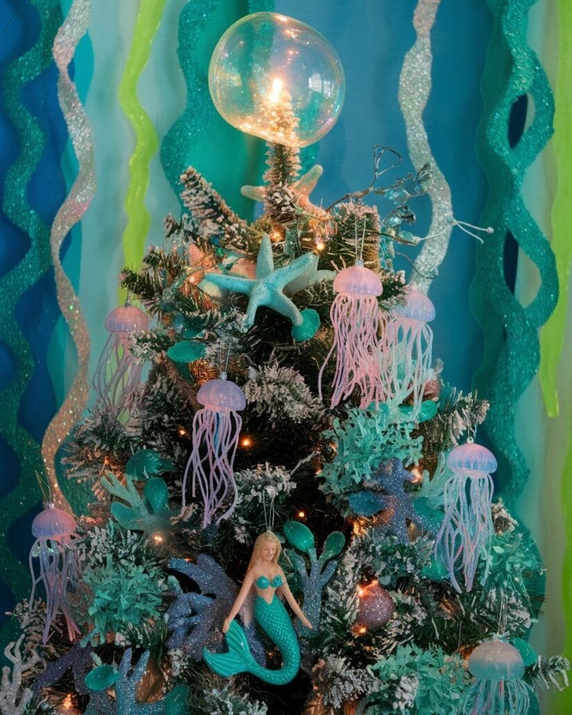 A Christmas tree with a sea theme resembles a maritime adventure, featuring turquoise and green streamers. Adorned with starfish, jellyfish, seaweed, and a mermaid ornament, it evokes the magic of a cruise. A glowing orb tops the tree, surrounded by frosted branches.