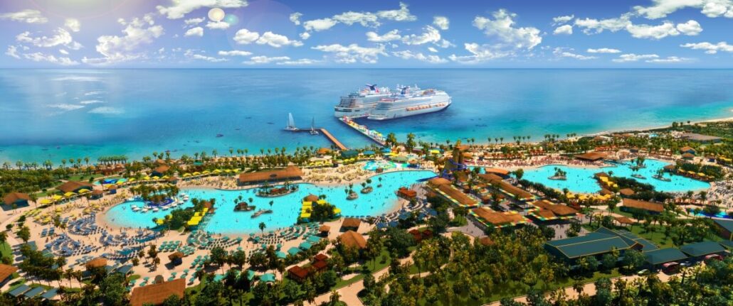Aerial view of a Bahamian resort with multiple pools, palm trees, and lounge areas. In the distance, a cruise ship is docked at a pier on the turquoise sea. The sky is blue with scattered clouds, hinting at new developments in this tropical paradise.