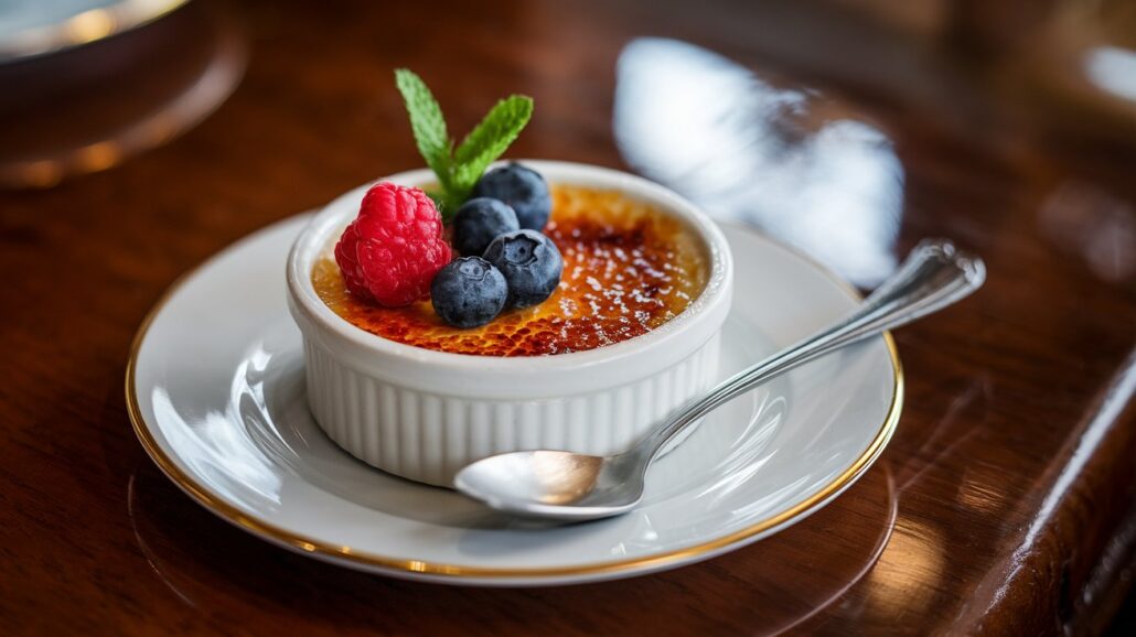 A small white ramekin of crème brûlée, showcasing a Carnival Cruise Line recipe, is topped with a raspberry, blueberries, and a mint sprig. It sits on a white plate with a silver spoon. The dessert boasts a caramelized sugar crust and rests elegantly on the wooden table.