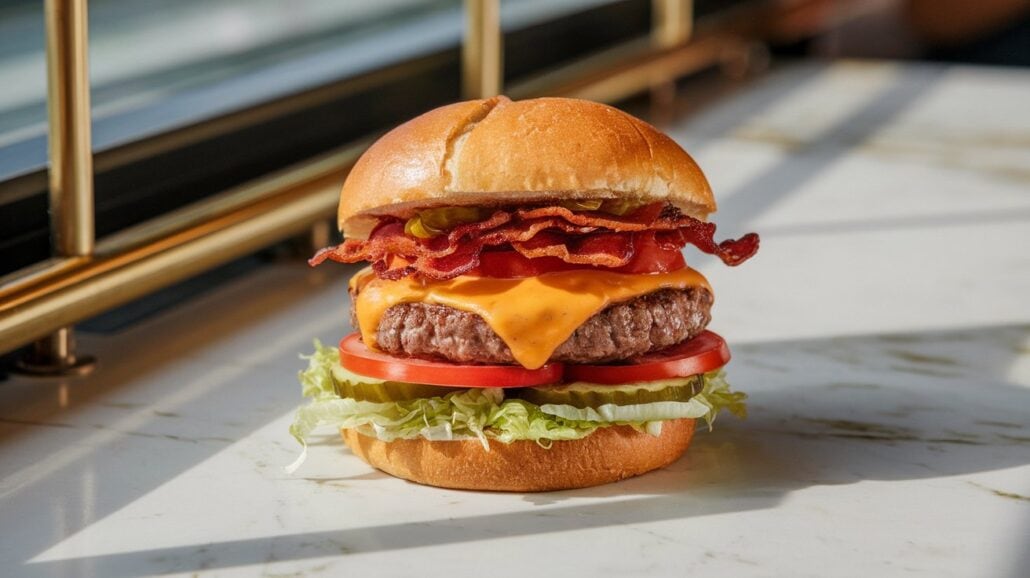 A cheeseburger from Guy’s Burger Joint, featuring layers of lettuce, tomato, a beef patty crowned with melted cheese, crispy bacon, and pickles inside a brioche bun. It rests on a marble surface near a window with sunlight streaming in, reminiscent of gatherings aboard Carnival Cruise Line.