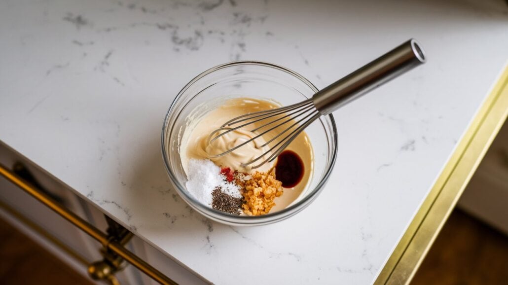 On a marble countertop sits a glass bowl containing a creamy copycat recipe reminiscent of Guy's Burger Joint from Carnival Cruise Line. Visible ingredients include ground black pepper, salt, crushed garlic, and a dark liquid, with a metal whisk poised in the bowl.