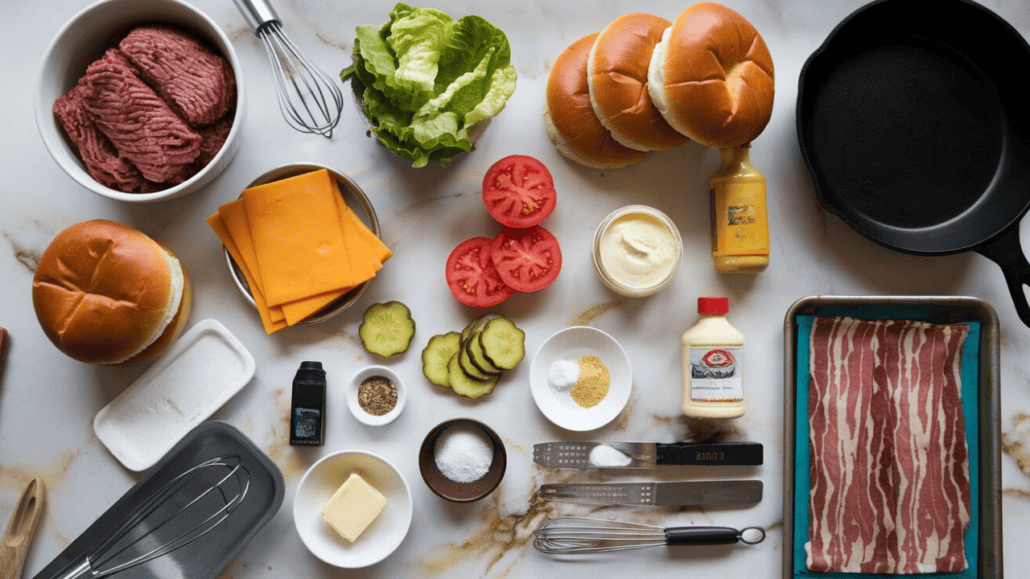 Ingredients for making burgers, inspired by Guy’s Burger Joint, are laid out on the countertop—ground beef, cheddar cheese, lettuce, tomato, pickles, buns, bacon—with a hint of Carnival Cruise Line flair. Cooking utensils like a skillet and whisk are also present to complete your burger recipe preparation.