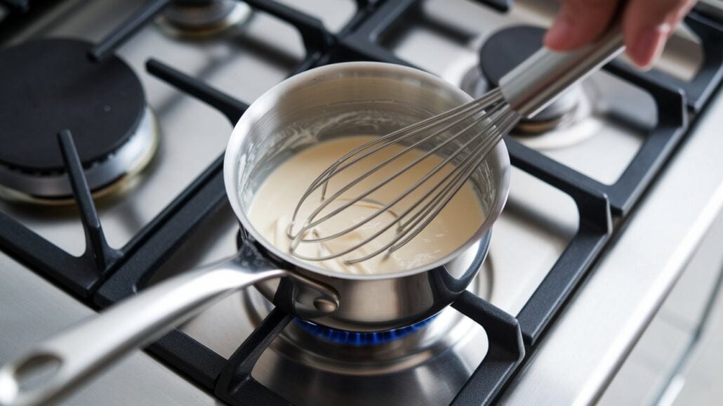 A whisk expertly stirs a light-colored sauce in a stainless steel saucepan on a lit gas stove, reminiscent of crafting the perfect creme brulee. The hand holding the whisk is visible at the edge, adding a touch of culinary artistry to this enticing recipe moment.