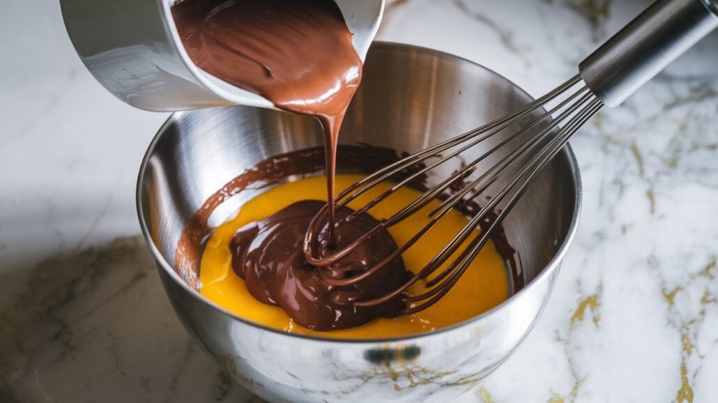 Warm chocolate melting cake is coming to life as melted chocolate gracefully flows from a small saucepan into a steel mixing bowl, blending with a vibrant yellow mixture. A whisk awaits the magic of Carnival's recipe on the elegant marble countertop.
