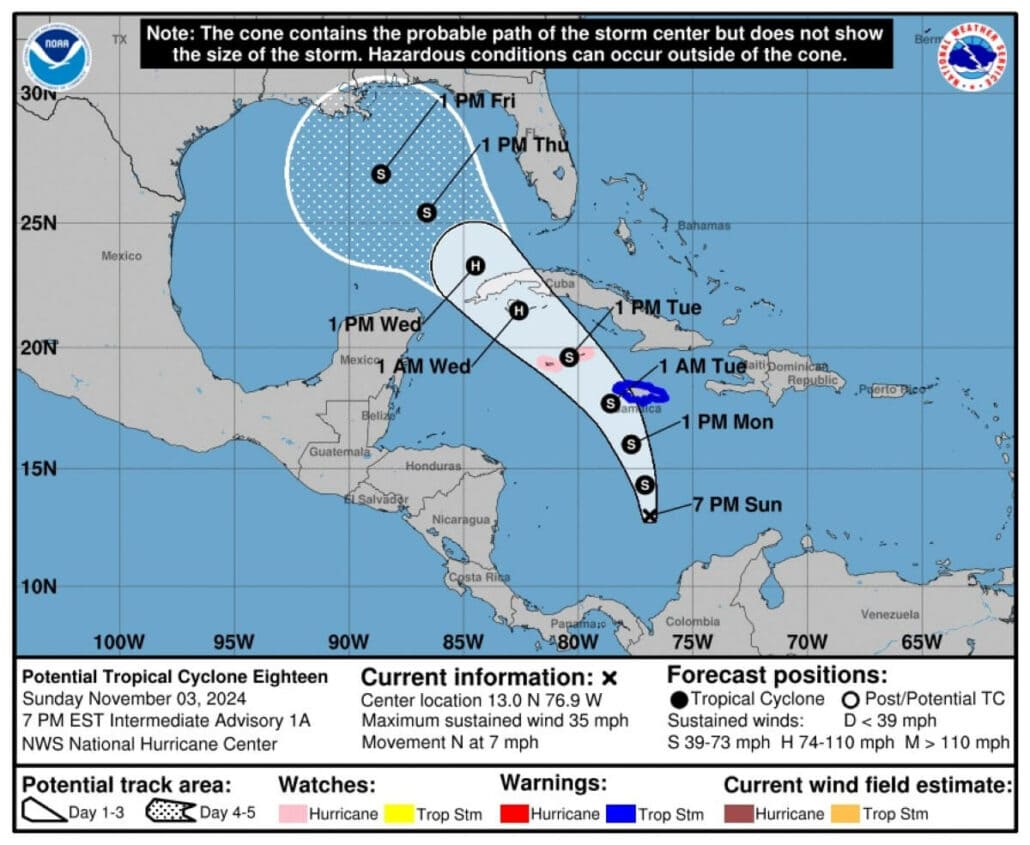 Map showing the forecast track of Potential Tropical Cyclone Eighteen in the Caribbean as of 7 PM EST, November 3, 2024. The path includes projected positions and wind speeds with areas under warnings shaded in various colors due to possible course changes from weather disturbances affecting cruise ships.
