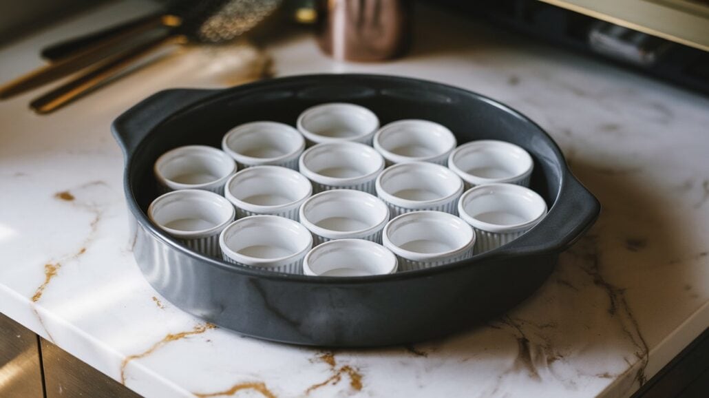 A round baking dish with handles, showcasing twelve small white ramekins for a delightful crème brûlée recipe, sits elegantly on a marble countertop. Several kitchen utensils can be seen in the background, adding to the cozy ambiance reminiscent of a Carnival Cruise Line culinary experience.