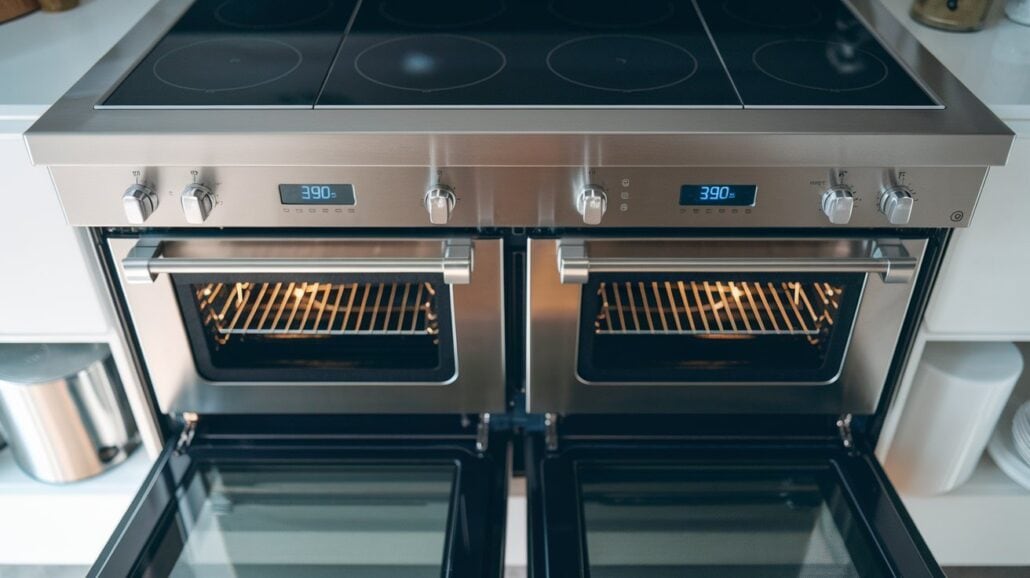 A stainless steel kitchen oven with two open doors reveals an inviting sight, reminiscent of a warm cake recipe coming to life. Interior lights illuminate wire racks and digital displays at 390 degrees. Four control knobs sit poised above the oven doors, ready to create delicious magic.