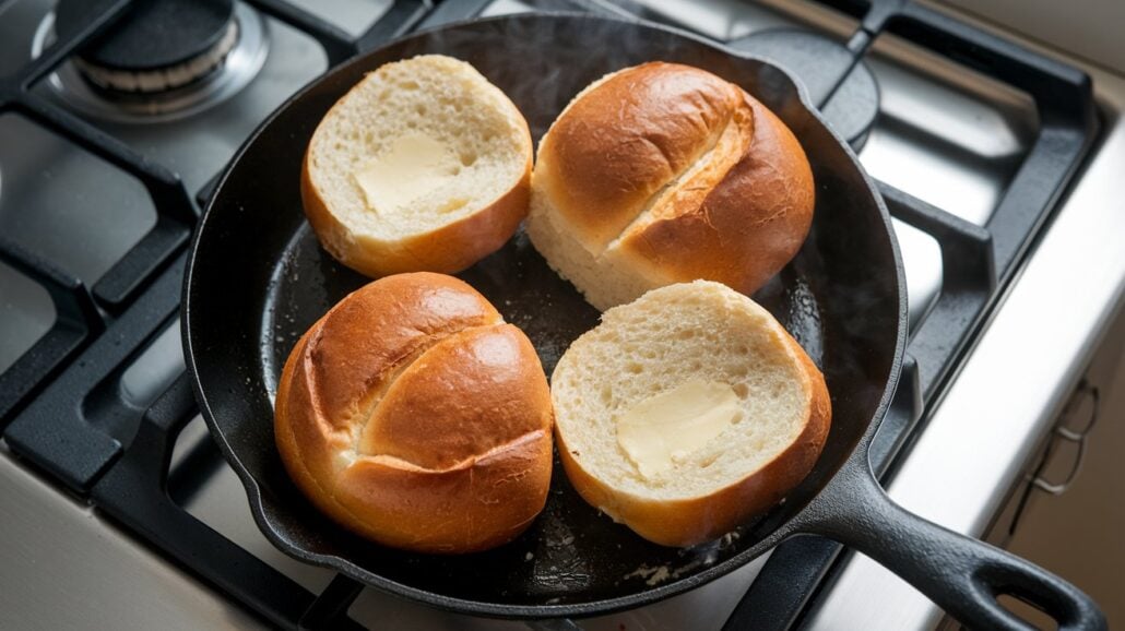 In a scene reminiscent of Guy’s Burger Joint on a Carnival Cruise Line, four bread rolls sit face-up in a black skillet on the stove. Each roll boasts a slice of butter melting into it, with steam rising to hint at their warmth and toastiness. The stove's burner peeks out from behind.