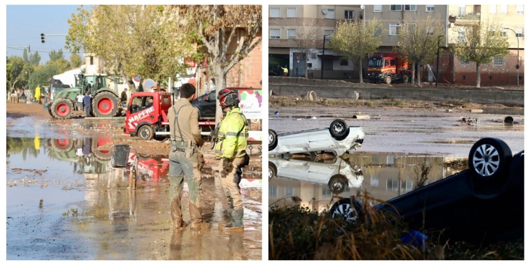 Two images depict a flooded street. On the left, three people in uniforms assess the waterlogged area with a tractor and building in the background. On the right, two overturned cars are partially submerged amid buildings and debris, mirroring the chaos after Valencia's recent storms forced many to cancel visits.