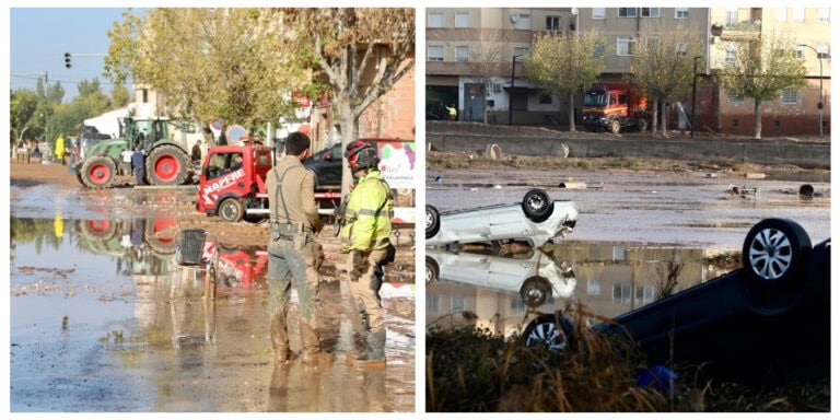 Two images depict a flooded street. On the left, three people in uniforms assess the waterlogged area with a tractor and building in the background. On the right, two overturned cars are partially submerged amid buildings and debris, mirroring the chaos after Valencia's recent storms forced many to cancel visits.