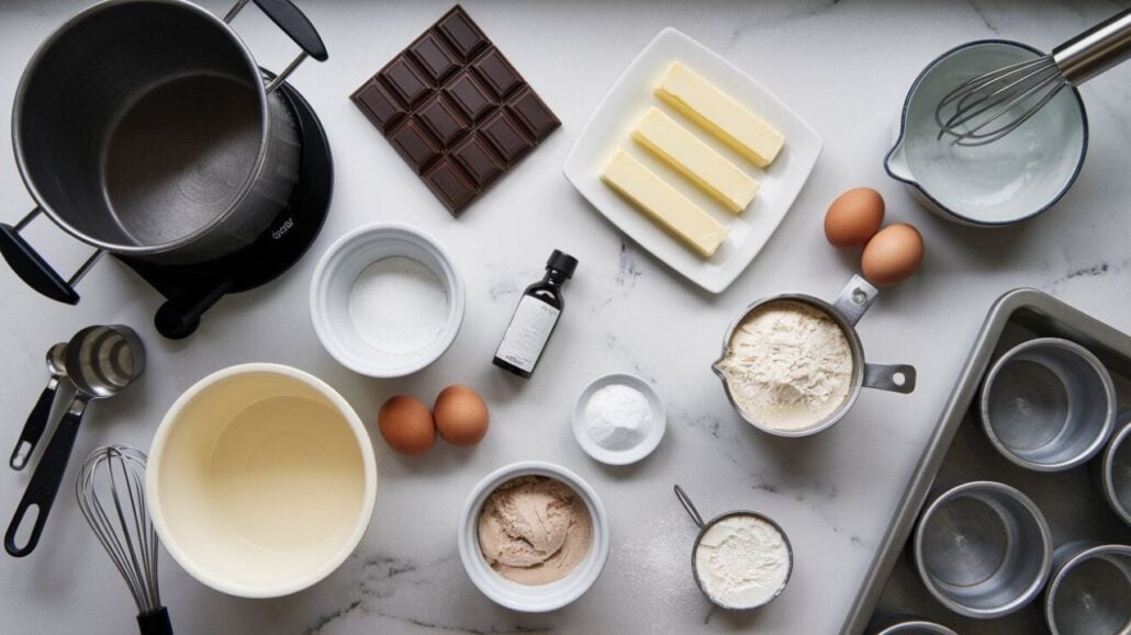 A baking setup on a marble countertop includes a pot, chocolate bar, sticks of butter, eggs, flour, sugar, vanilla extract, cocoa powder—perfect for a chocolate cake recipe—baking powder, measuring cups, a whisk, a bowl, and a muffin tin.