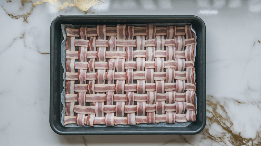 Bacon strips woven into a lattice pattern resemble a copycat recipe from Guy's Burger Joint. The tray rests on a white marble surface with gray and gold veining, reminiscent of decadent Carnival Cruise Line feasts.