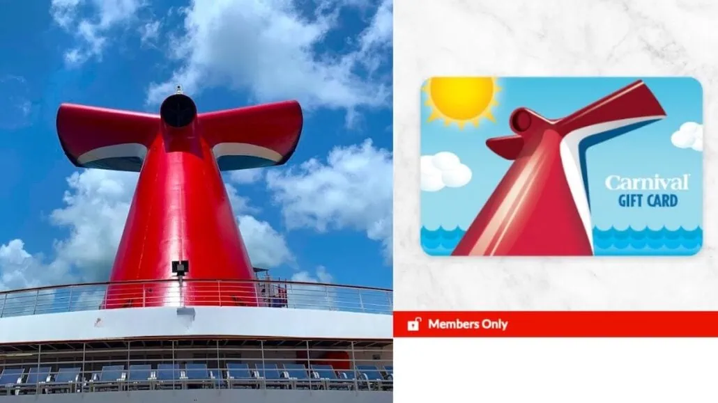 A cruise ship's distinctive red and blue funnel is shown on the left against a blue sky. On the right, a Carnival gift card boasts a similar funnel design with sun and clouds, offering an exclusive "Members Only" banner for AARP members with a special gift card discount.