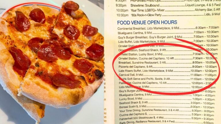A pepperoni pizza is on the left, hinting at a delightful late-night pizza option. On the right, a list of food venues and their open hours is displayed, with some entries circled in red. This Carnival Cruise Line menu highlights breakfast and lunch spots across different decks.