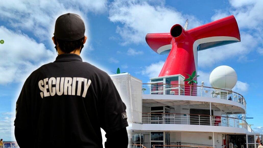 A person in a black security shirt and cap stands facing a Carnival cruise ship with its distinctive red and white funnel. The sky is blue with scattered clouds, mirroring the promising horizons these security roles offer.