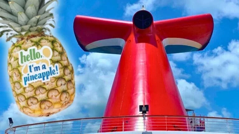 A large red cruise ship funnel, possibly a Carnival Cruise Line vessel, stretches upward against a partly cloudy sky. In the foreground on the left, an upside-down pineapple with a sticker saying "Hello, I'm a pineapple!" adds a whimsical touch to this nautical scene.