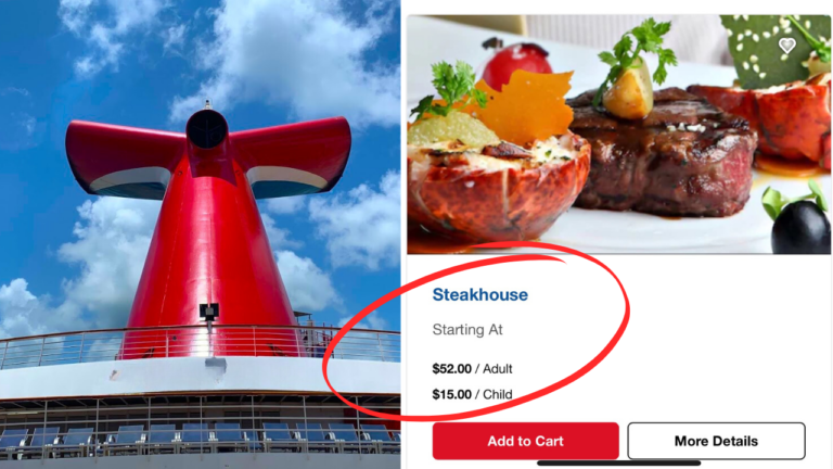 A Carnival Cruise Line ship's large red and white funnel stands against a blue sky. Beside it, an advertisement for specialty dining showcases a steak and sides: $52.00 for adults, $15.00 for children. Buttons for "Add to Cart" and "More Details" enhance the 2025 sailings experience.